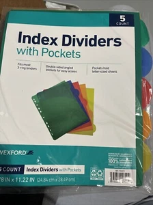 Index Dividers with Pockets - Fits Most 3-Ring Binders 5 COUNT School Supplies - Picture 1 of 1