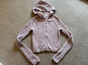 Aeropostale Pink Full Zipper Ribbed Sweater Hoodie Hooded Cropped Top Comfy Sz S - Picture 1 of 16