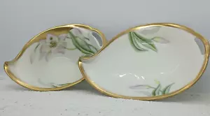 Bavaria Numbered Signed Doufreux Set Rim Handled Relish Dishes Lilies Gold Trim - Picture 1 of 13