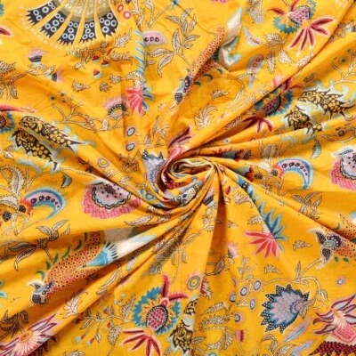 5 Yard Hand Block Print Handmade Cotton Indian Natural Sanganeri Print Fabric - Image 1 of 3