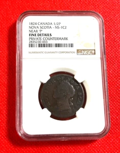 1824 CANADA 1/2 PENNY TOKEN NOVA SCOTIA NS 1C2 NEAR P NGC FINE DETA PRIVATE MARK - Picture 1 of 2