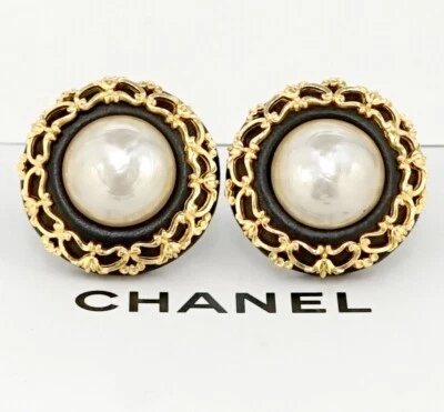 Pendientes CHANEL Cuero Filigrana Grandes Redondos Clips Tono Dorado 26 Auténticos con Caja r1088 Foto 1 de 4