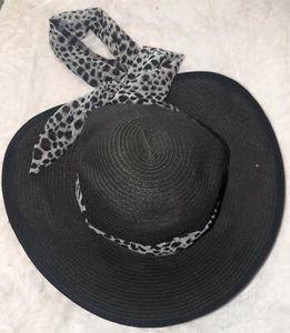 Panama Jack Black Floppy Bucket Hat w/Leopard Scarf Ribbon Womens One Size - Picture 1 of 7
