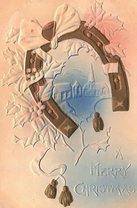 1908 Horseshoe Holly Merry Christmas Morning Postcard Heavily Embossed Tassel - Picture 1 of 3