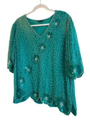 Conjunto Top y Falda Vintage Lentejuelas Seda Mark y Juan II Verde Floral Cuentas Dos P Foto 1 de 4