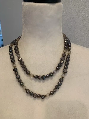 Vtg Black Peacock Baroque Pearl Clear Crystal Beaded Necklace Gold Filled 40" - Image 1 of 4