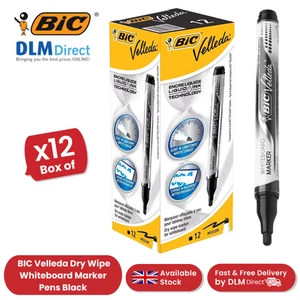BIC Velleda Liquid Ink Dry Wipe Markers - Black Ink, Smooth Writing - Box of 12 - Picture 1 of 6