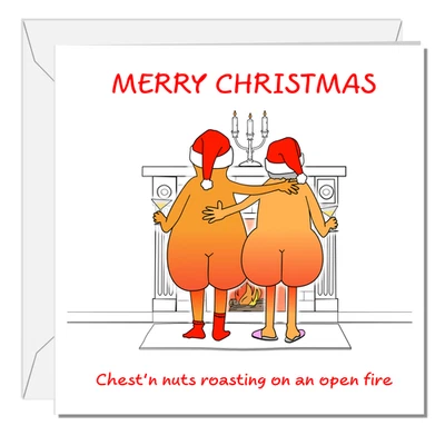 SWIZZOO Funny Chestnuts Christmas Card - Humorous Naturist Xmas Card Chest Nuts Roasting