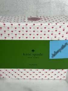 Kate Spade KING Sheet Set 100% Cotton Percale PINK Hearts on White 4 piece NEW - Picture 1 of 9