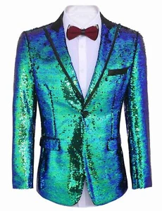 JINIDU Men Peak Lapel Sequined Décor Patchwork Slim Fit Blazer Blue 3xl - Picture 1 of 6