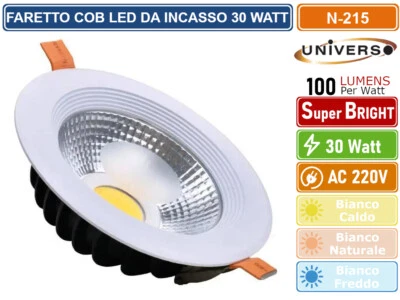 FARETTO LED DA INCASSO ROTONDO 30W COB DOWNLIGHT COLORE BIANCO 3000K 4000K 6500K - Immagine 1 di 2