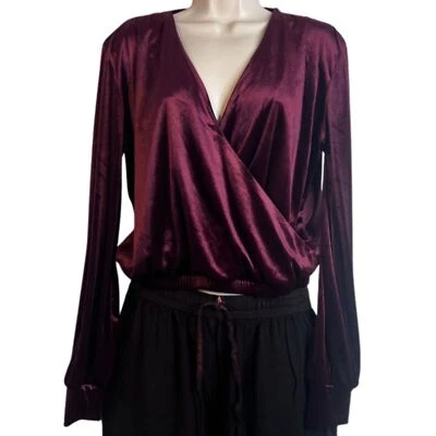 Blusa elegante de terciopelo dinamita cuello en V profundo cintura reunida talla mediana Foto 1 de 4