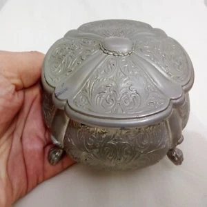 Vintage Ornate Silver Tone Metal Jewelry Footed Hinged Trinket Box Velvet 6x4 In - Picture 1 of 22