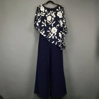 Scarlett Jumpsuit Womens 14 Navy Blue Floral Overlay Wide Leg Dressy Pantsuit - Image 1 of 4