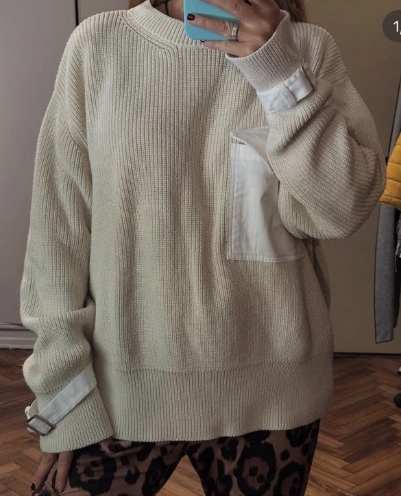 Zara Womens Oversized Cream Knit Pullover Sweater, Wrist Detail, Size Medium  - Image 1 of 4