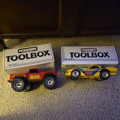 Vintage ERTL Modifiers Red Truck and yellow Corvette w/ toolboxes - Image 1 of 3