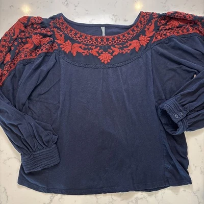 Anthropologie Kami Embroidered Top Navy Red Embroidery Sheer Neckline Boho Sz XL - Image 1 of 4