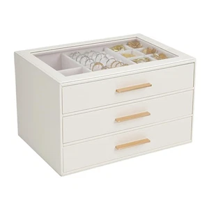 Jewelry Box for Women, Glass Lid Jewelry Organizer with 3 Drawers PU Jewelry ... - Picture 1 of 7