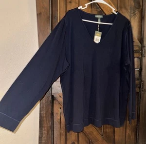 RALPH LAUREN Navy Blue V-Neck Cotton Top Long Sleeves Pullover 2X, NWT - Picture 1 of 7