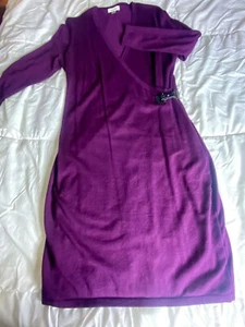 Calvin Klein Dress Womens LG Plum- Sweater Leather Buckle Faux Wrap - Picture 1 of 2
