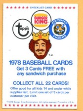 1978 Topps Burger King Promo Card -- Detroit Tigers Checklist variation
