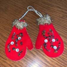 Vtg red felt beaded mittens on gold string Christmas tree ornament