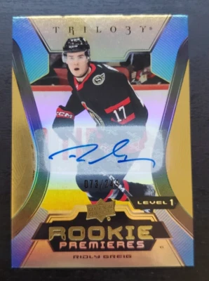 2023-24 Trilogy Ridly Greig Common Gold Auto RC Level 1 73/249 Ottawa Senators - Image 1 of 3