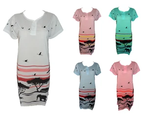 Damen Sleepshirt Kurzarm Afrika Weiß Türkis Blau Altrosa Rosa Gr. M L XL XXL - Picture 1 of 11