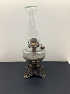 Antique Queen Anne Oil Lamp W/ Beaded Chimney & Metal Stand Base READ - Picture 1 of 10