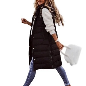 Womens Ladies Hooded Long Line Puffer Gilet Jacket Padded Vest Body Warmer Tops - Picture 1 of 30