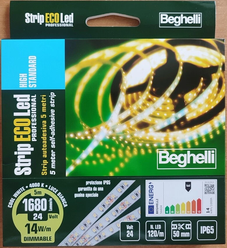 STRISCIA LED 24V 14W/MT IP65 4000K LUCE NATURALE ADESIVA MT 5 BEGHELLI 56604 - Immagine 1 di 1