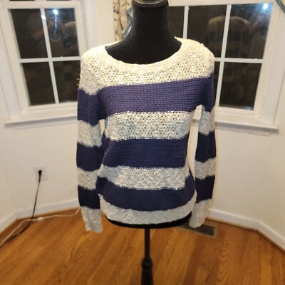 Suéter Ann Taylor LOFT a Rayas Talla Mediana Azul Marino Beige Tostado Mangas Largas Top Foto 1 de 4