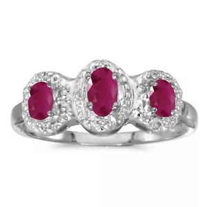 14k White Gold Oval Ruby And Diamond Three Stone Ring (CM-RM2522XW-07) - Picture 1 of 1