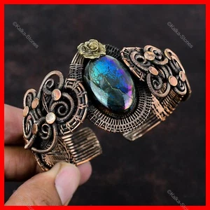 Kupfer Mystic Feuer Labradorit Edelstein Verlobung Frau Draht umwickelt Blume Manschette - Bild 1 von 6