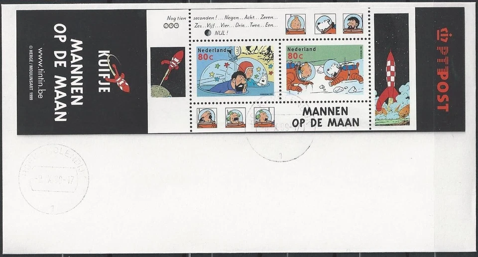 Netherlands**TINTIN on Moon-ASTRONAUT-ROCKET-FDC COVER 1999-with Sheet 2stamps - Image 1 of 1