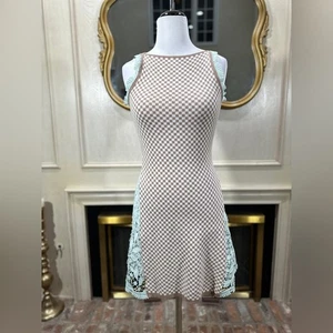 Abercrombie & Fitch Checker Knit Mini Dress Brown Cream Mint Lace Sides M - Picture 1 of 10