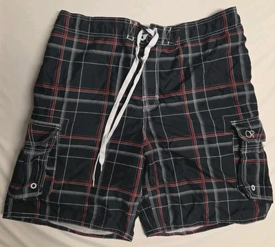 Pantalones Cortos de Natación OP Para Hombre XL Extra Grande 40-42 Negro Cuadros Bolsillos de Carga Baúles Forrados Foto 1 de 4