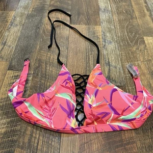 PINK Victorias Secret Tropical Pink Floral Lace Up High Strappy Bikini Top Large - Picture 1 of 8
