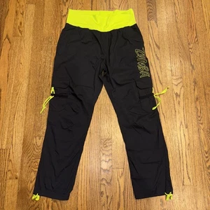 Zumba Fitness Cargo Pants Black Neon Stretch Waist Hip Hop Dance Rave Large - Picture 1 of 17