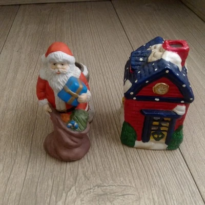 Vintage Ceramic Christmas Santa Candle and Snowy House Tea Light Holders Retro - Image 1 of 4