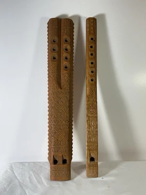2 Vintage Hand Carved Wood Dvojnice Balkan Flutes A Double And A Single Perfect - Image 1 of 4
