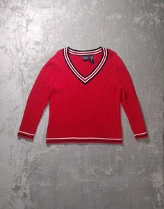 Liz Claiborne Tennis Sweater V Neck Cable Knit Red White Accent Stripes Sz XL - Picture 1 of 10