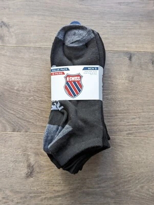 K-SWISS MENS NO SHOW ANKLE SOCKS SIZE 6-12.5 10 PAIR BLACK W/ GREY VALUE PACK - Image 1 of 3