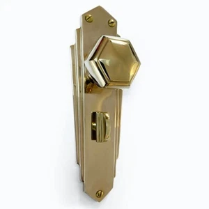 Pr of 1930`s Art Deco Repro Bathroom Thumb Turn Brass Hexagonal Door Knobs PBUL - Picture 1 of 5