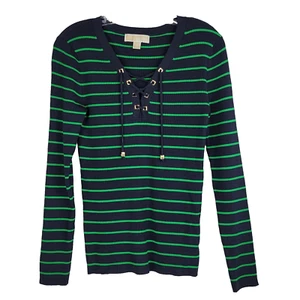 Michael Kors Womens Ribbed Sweater Size Medium Striped Navy Green Corset Neck - Picture 1 of 12