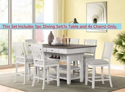 Juego de comedor de mesa de almacenamiento de madera maciza con altura de pub gris blanco de 5 piezas Foto 1 de 4