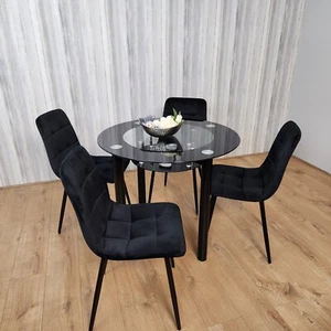 Round Glass Black Dining Table With Storage Shelf , 4 Black Tufted Velvet Chairs - Picture 1 of 14