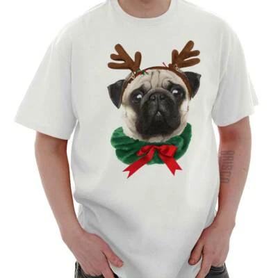 Camiseta Reindeer Pug Natal Férias Papai Noel Adulto Manga Curta Gola Redonda - Imagem 1 de 4