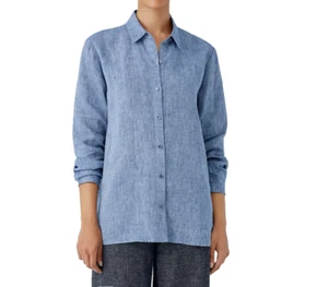 Eileen Fisher Yarn-Dyed Handkerchief Org Linen Classic Collar Shirt CHAMBRAY XL - Picture 1 of 5