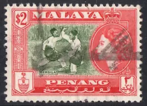 MALAYA PENANG 1957 $2 BRONZE-GREEN & SCARLET SG.53 NICE USED CAT £20 - Picture 1 of 1
